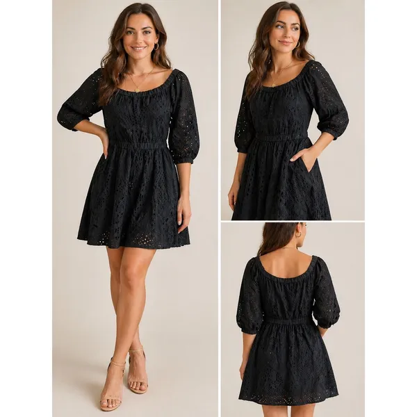 Milly Black Eyelet Cotton Mini Dress 3/4 Puff Sleeve Elastic Waist Pockets‎ P - Image 2