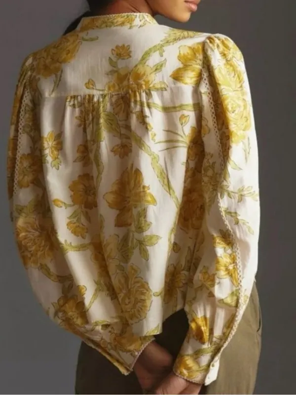 By Anthropologie Long-Sleeve Floral Button-down Peasant Blouse - Image 3