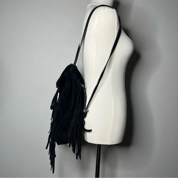 D2 DSQUARED Black Suede Fringe Backpack Western Boho Relaxed Low Hanging - Image 3
