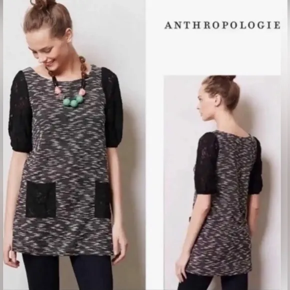 Anthropologie Postmark Black White Textured Tweed Knit Tunic Dress Lace‎ Size S - Image 2