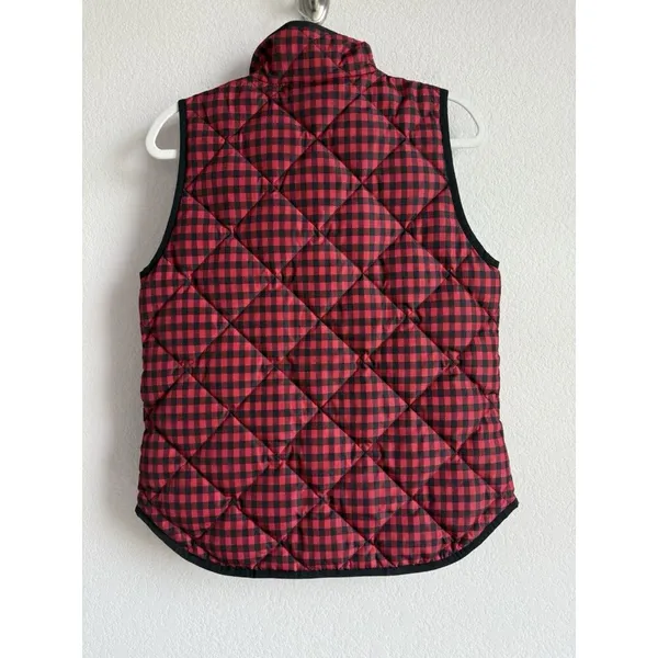 J.Crew Down Puffer Vest Womens Small Black‎ Red Gingham Printed Quilted Full Zip - Image 3