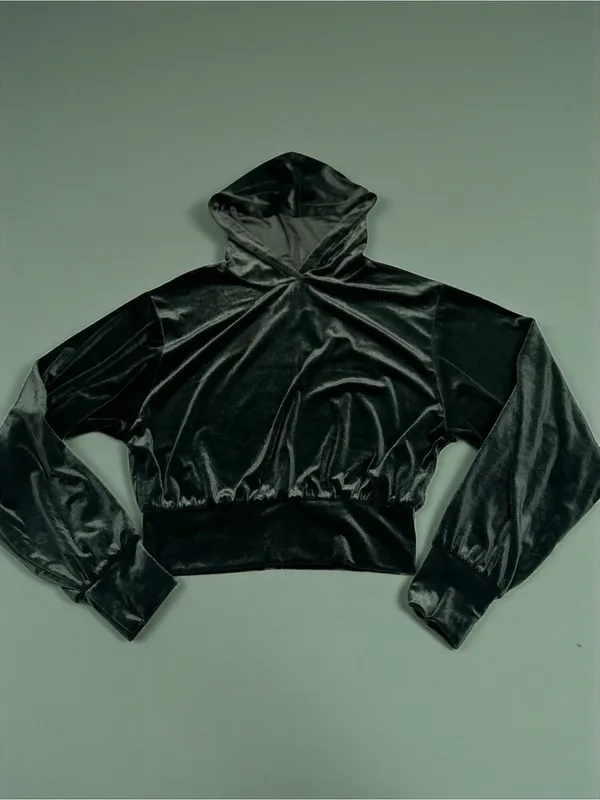 Express Velvet Cropped Hoodie Dark Green‎ Size XS - Image 3