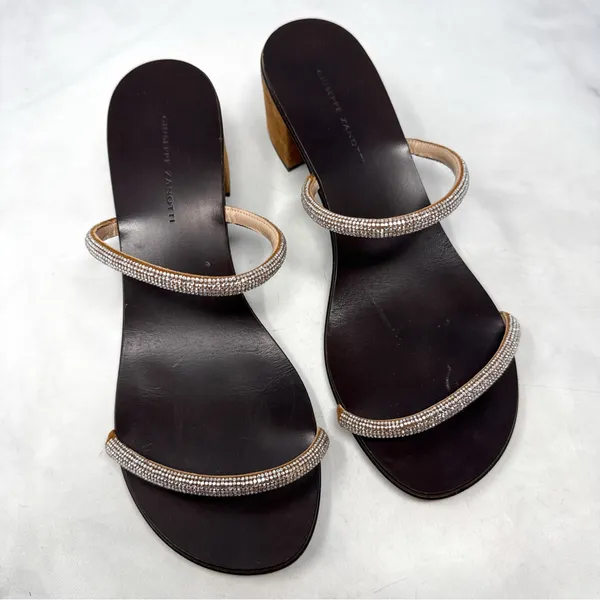 Giuseppe Zanotti Suede Rhinestone Minimalist Mule Sandal Heels Brown 40 - Image 4