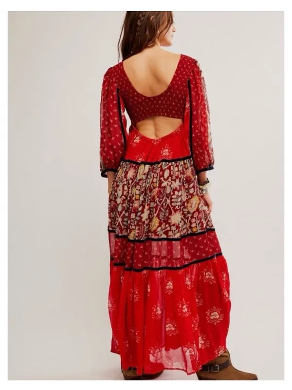 Free People Bali Laurel Maxi Dress Size Small NWT Red Combo - Image 3