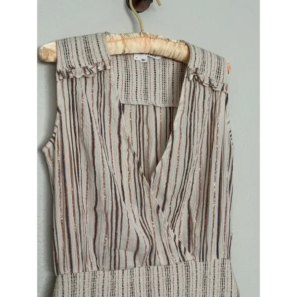 Veronica Beard Medium Cox Smocked Striped Mini Dress Beige Rose Gold Boho Chic - Image 3