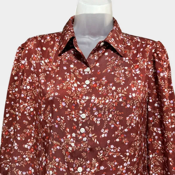 Ann Taylor‎ Floral Button Down Blouse Womens SP Red Excellent Long Sleeve Petite - Image 2