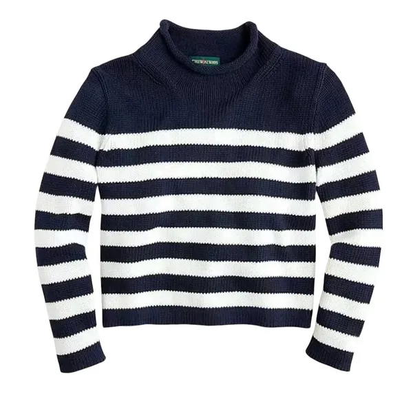J Crew Always Womens XS Navy White Striped Cotton Mock Neck Shaker Knit‎ Sweater - Image 2
