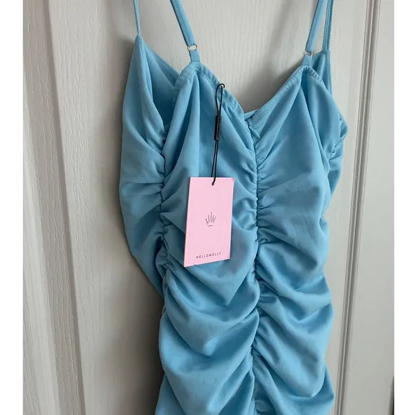 Hello Molly Blue Ruched Mini Dress Cowl Neck‎ Ruffle Hem A04200HM Womens 8 NWT - Image 12