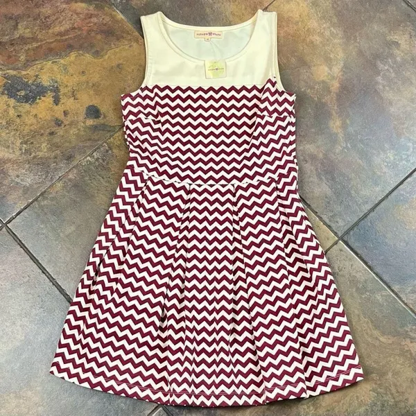 New! NWT Altar’d State Cream Burgundy Chevron Short Sleeve Dress Medium - Image 3