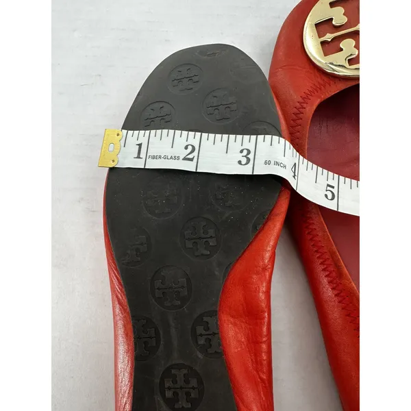 Tory Burch Flats Sz 8 Minnie Travel Orange Logo Office Classic Gold Logo Leather - Image 11