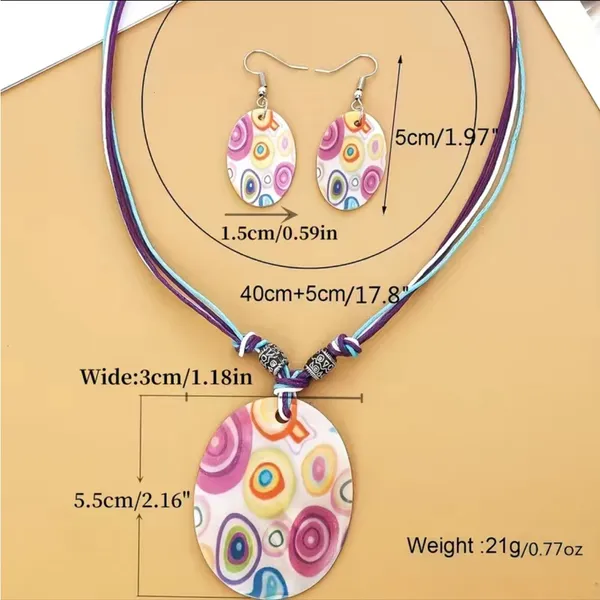 Natural Shell Necklace &‎ Earrings 3pcs Set Colorful Printed - Image 3