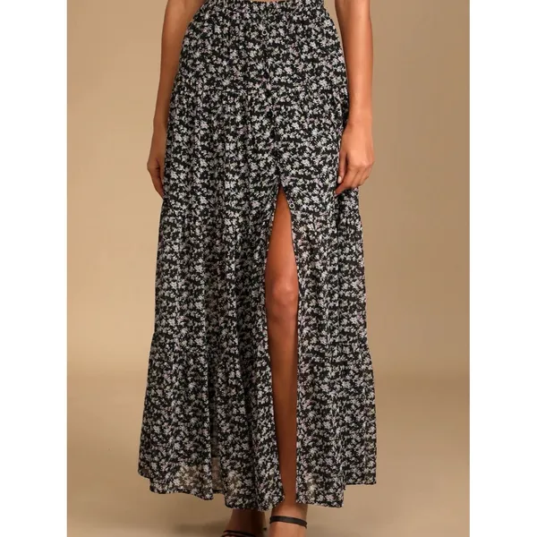 Lulu's Black & White Floral Side-Slit Maxi Skirt - Image 2