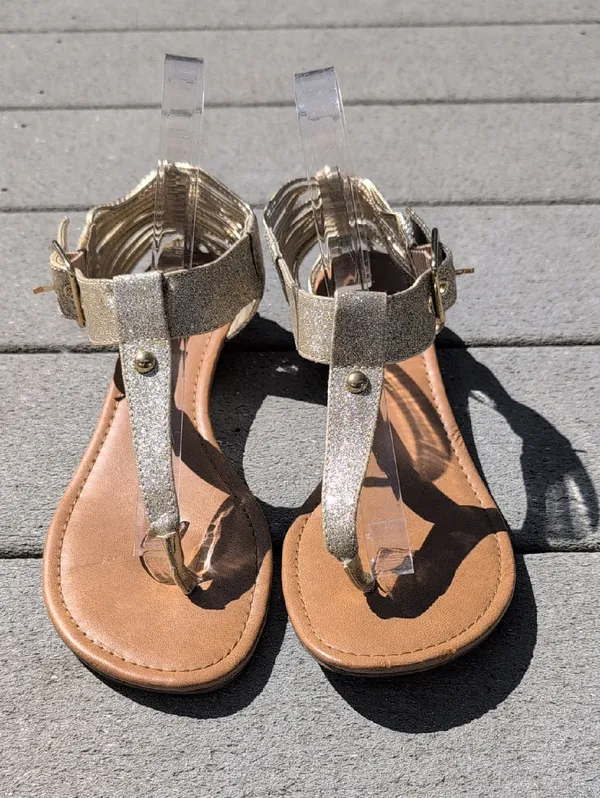 SM New York Tyra T-Strap Sandals | SM New York Strappy Back Gold Sandals - Image 2