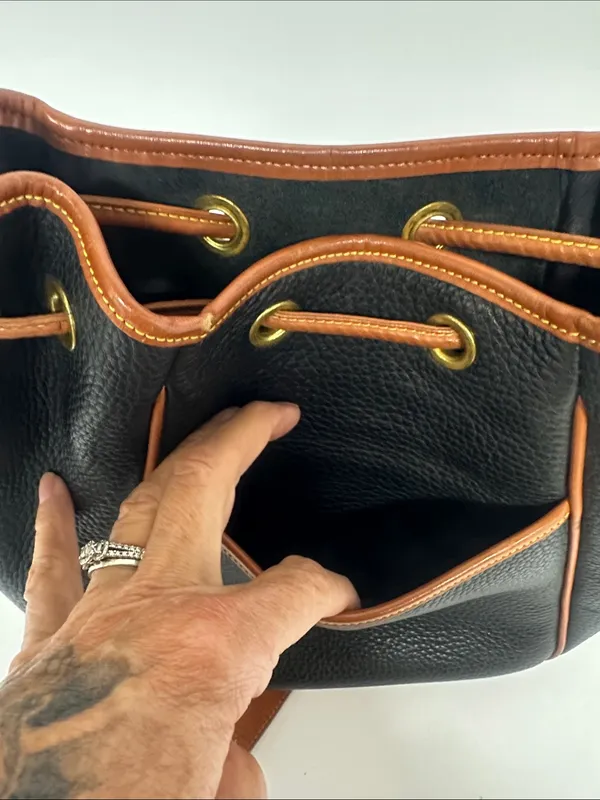 Dooney & Bourke Black Pebbled Leather Drawstring Bucket Bag with Tan Trim - Image 13