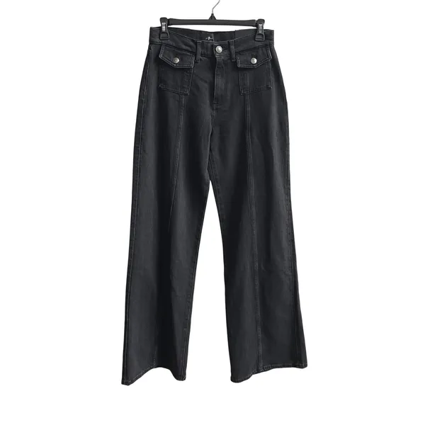 7 For All Mankind Lotta Jeans Womens 26 Black Wide Leg Patch Pocket Seamed Denim - Image 4