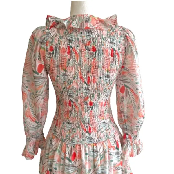 Vestique Sammie Dress Peach Green Floral Smocked Deep V-Neck Mini Small NEW - Image 6