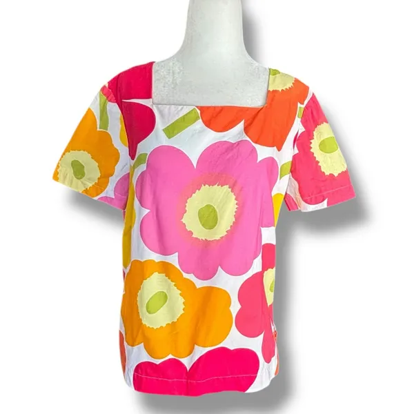 Handmade Vintage‎ Mod Floral Top Pink Orange Flower Power Cotton Blouse Euro Summer Retro - Image 8