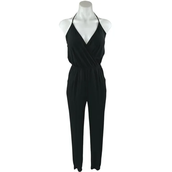 Lulus Learning to Fly Black Halter Sleeveless V Neck Faux Wrap Jumpsuit Size S - Image 2