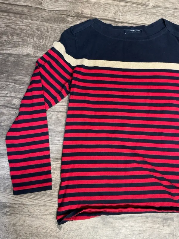 Tommy Hilfiger Women’s L Red Navy Gold Striped Cotton Sweater - Image 7