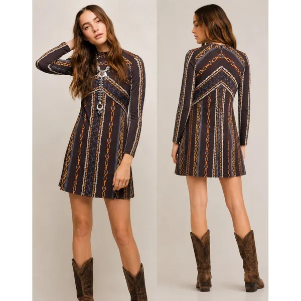 Free People Bloom Geometric Chevron Print Long Sleeve Mock Neck‎ Mini Dress S - Image 2