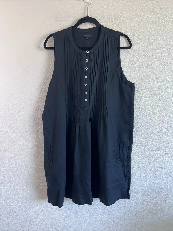 Quince Women's 100% European Linen‎ Sleeveless Swing Dress Black Pleated Summer - Image 2