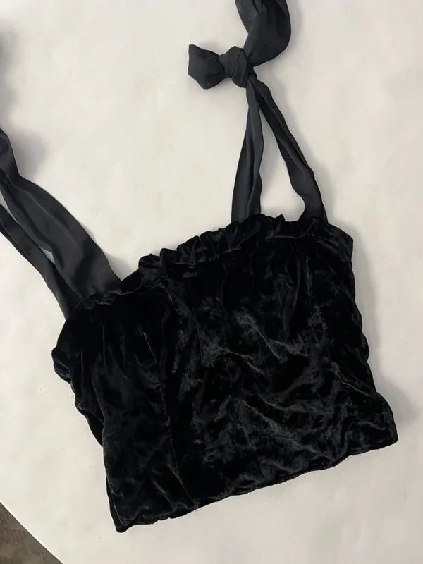 Free People Trapped In Your Love Tie Strap Velvet Tank Top in Black Small $98 - Image 7