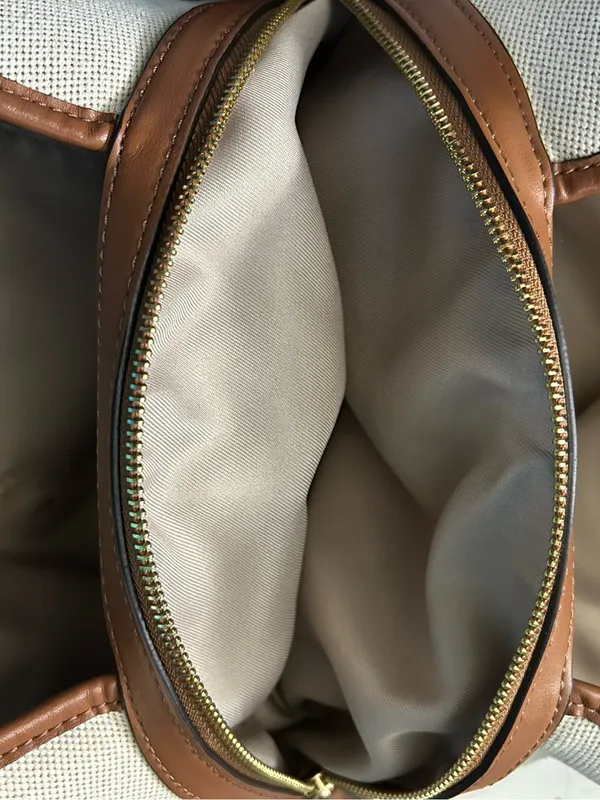 Nine West Cream Canvas Shoulder Tote Boho Bag with Brown Trim - Image 11