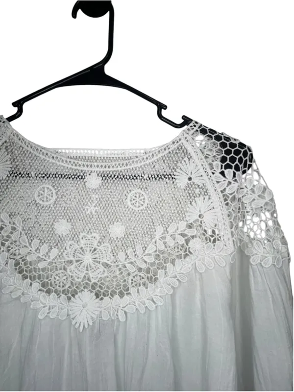 Frye White Crochet Lace Boho Loose Fit Long Sleeve Peasant Blouse - Image 3