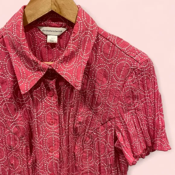 Vintage 90’s-y2k pink white embroidered crinkle short sleeve scallop hem blouse - Image 2