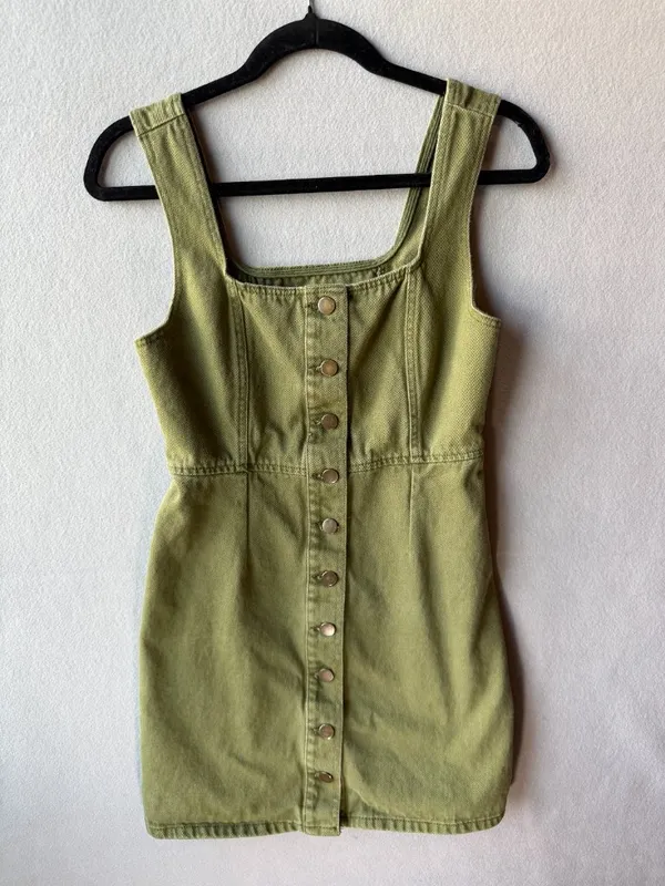 Urban Outfitters Olive Green Denim Mini Dress Size 6 Button Front Cotton Cottage - Image 2