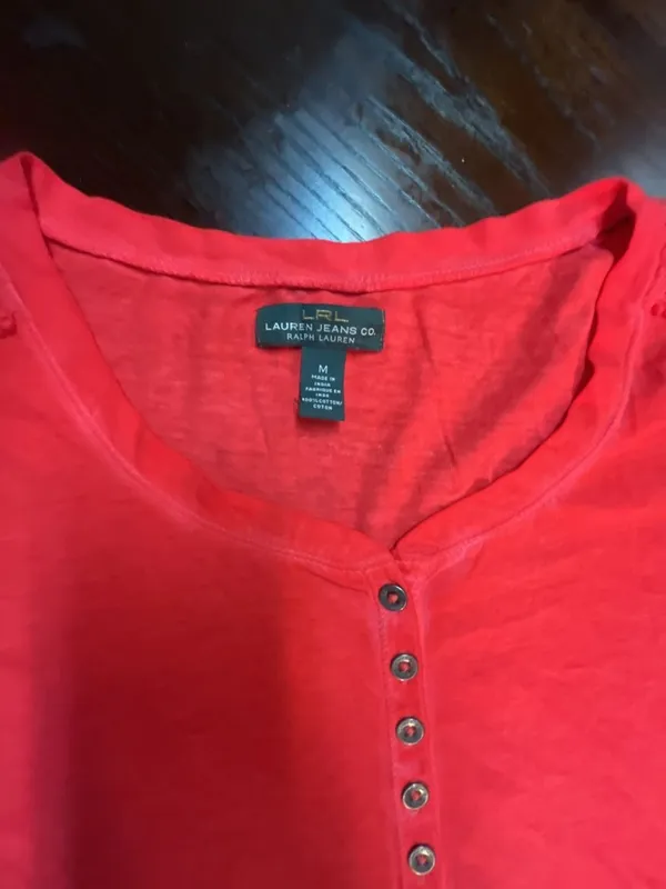 Lauren Jeans Co. Ralph Lauren Women's Red Henley Shirt with Crochet Shoulder Det - Image 2