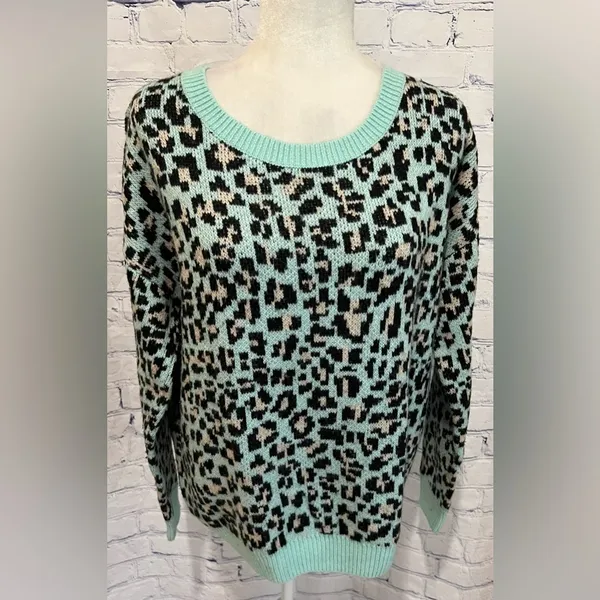PINK Victoria’s Secret Cheetah Print Oversized Aqua/ Black Chunky Sweater Medium - Image 2