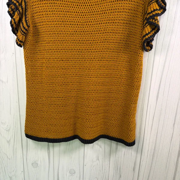 LOFT Open Knit Flutter Sleeve Top‎ in Mustard Yellow & Navy, Medium - Image 10