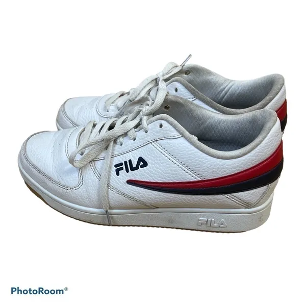 FILA Women’s White Retro Court Sneakers Size 9 Red Navy Stripe Leather Low Top - Image 4