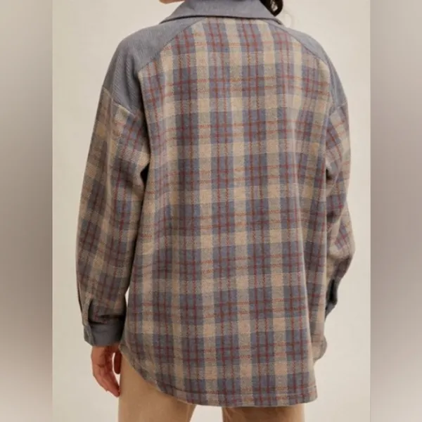 Hem and Thread Blue And Tan Plaid corduroy and twill shacket. Size Large - Image 7
