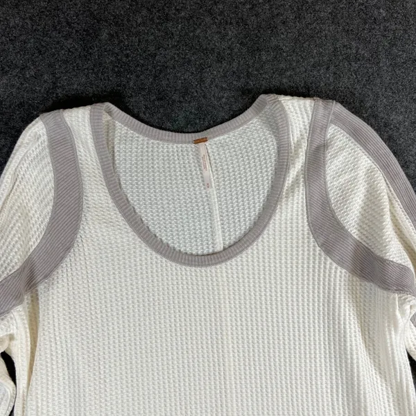Free People Womens Waffle Knit Thermal Scoop Neck Top‎ Cream Taupe Medium - Image 2