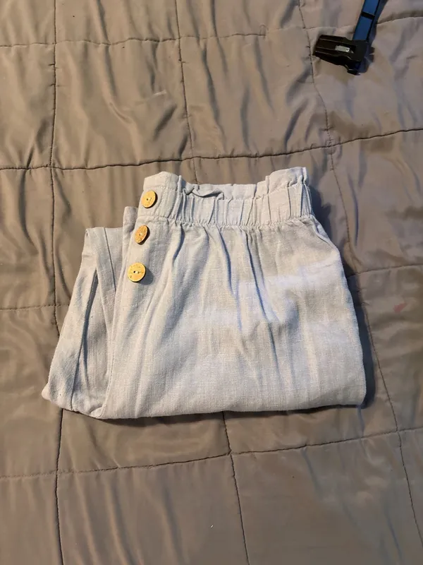 Como Vintage Paperbag Waist Linen Blend Button Fly Pants in Light Blue - Image 6