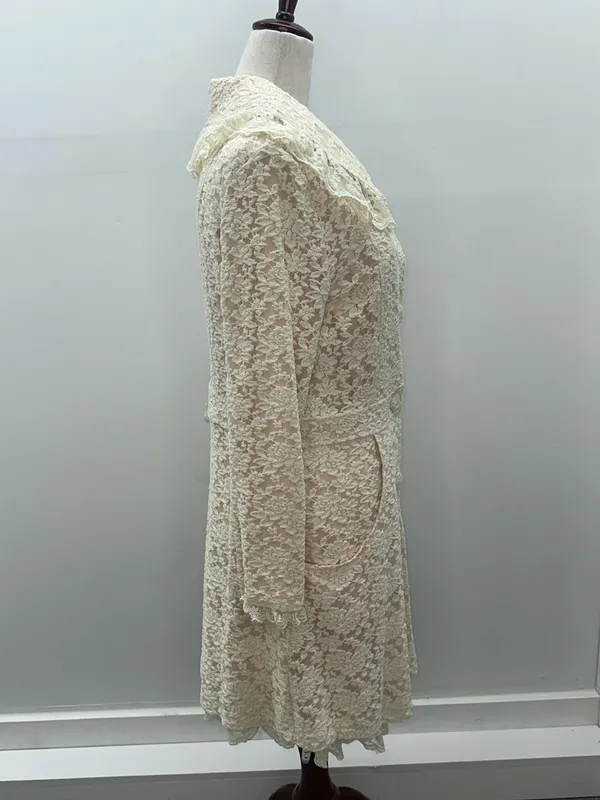 SassyBling Womens Medium Cream Floral Lace Duster Pea Coat Ruffle Coquette - Image 4