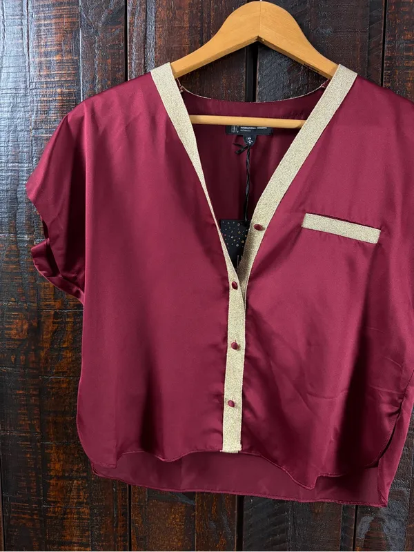 INC Burgundy Satin Blouse Pajama Top XS - Image 5