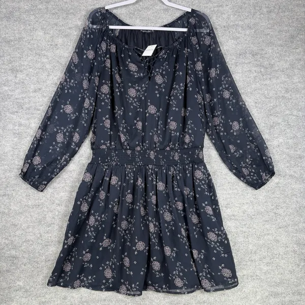 Abercrombie and Fitch Size-XL Mini Dress Floral Stretch Waist Dark Blue - Image 3
