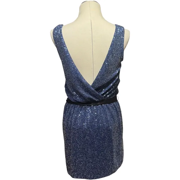 Express Sleeveless Sequin Mini Dress with Satin Sash Blue Black XS - Image 4