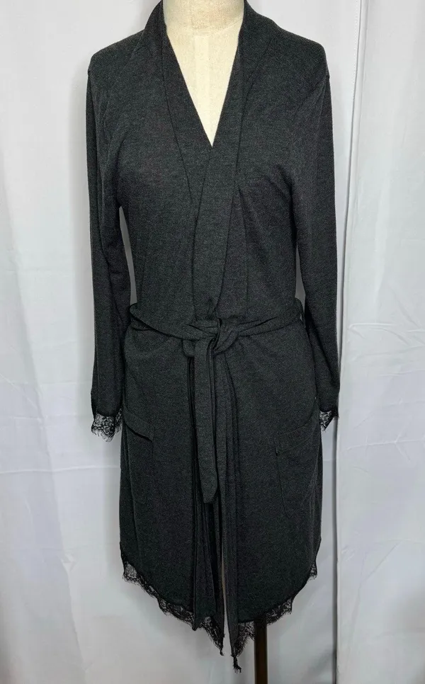 Victoria's Secret Wrap Robe M/L Charcoal Gray Lace Trim Belted - Image 2