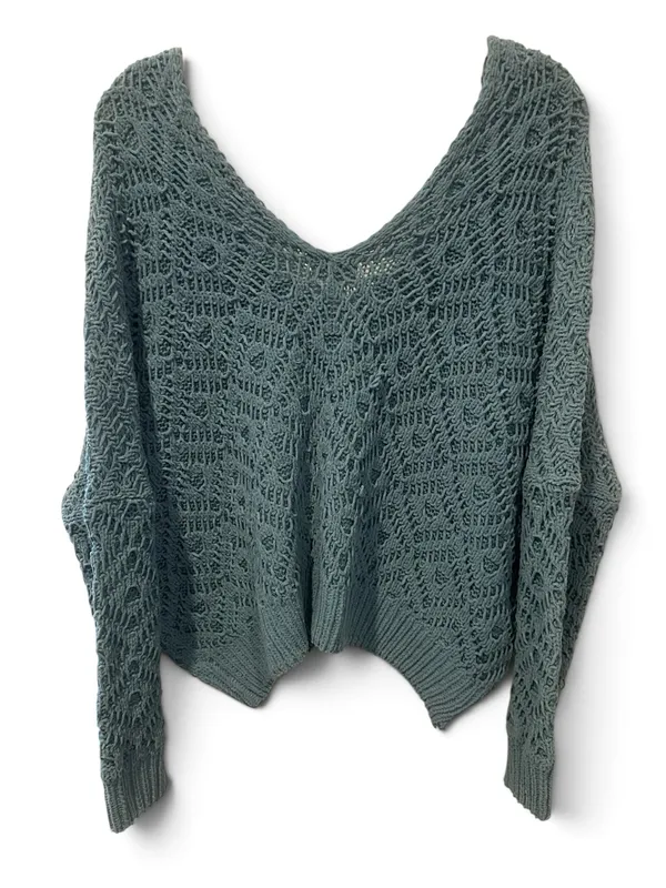 POL S Oversized V-Neck Knit Sweater in Teal - Image 3