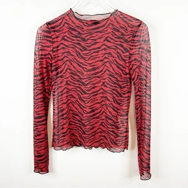 NEW Zara Sheer Animal Print‎ Mesh Top Women's S Red Long Sleeve Y2K - Image 2