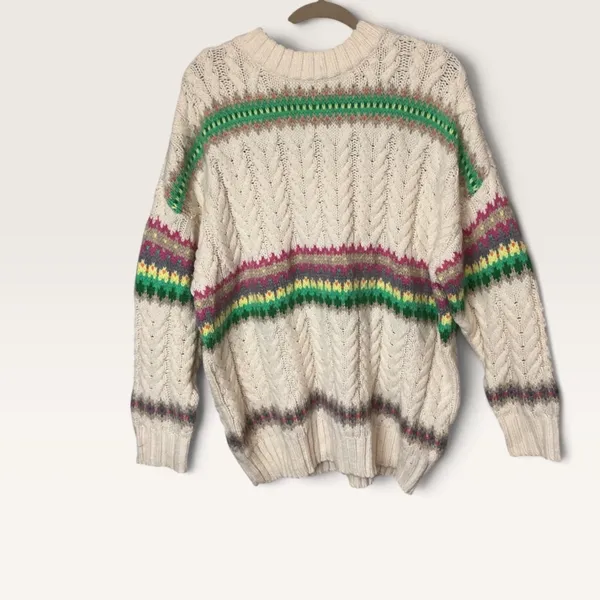 American Eagle Cream Cable Knit Fair Isle Striped Oversized Sweater Women Medium - Image 2