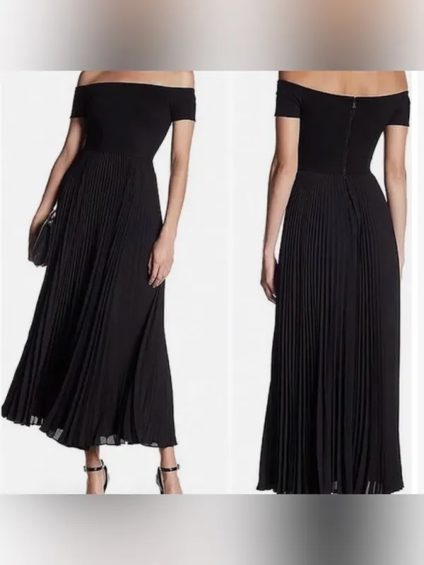 Alice + Olivia Black Off-Shoulder Pleated Maxi Skirt Dress - Image 2