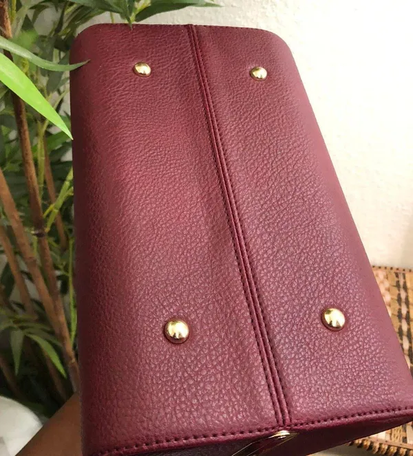 Burgundy Maroon red Hard shell leather hand bag purse satchel gold hardware faux diamond kiss lock Approx 11” wide x 8” tall x 6” deep - Image 3