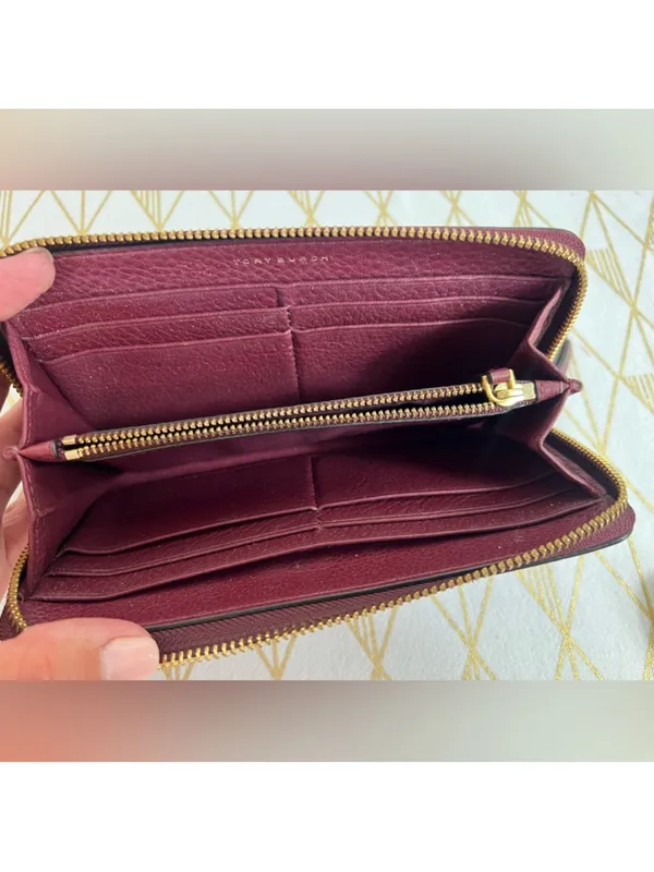 Tory Burch Deep Wine Pebbled Leather Half Zip Wallet - Image 7