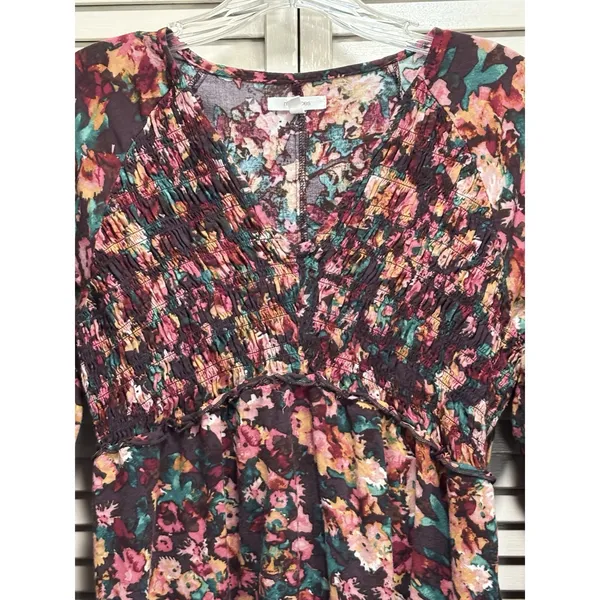 Maurices Burgundy/Green Floral Long‎ Sleeve Smocked V Neck Ruffle Blouse Size M - Image 2