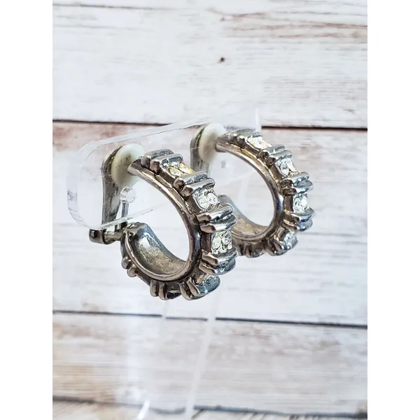 Vintage Clip On Earrings - Elongated Thick Hoops with Gems - Tarnished - Image 4